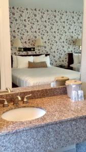 伍德兰刘易斯河酒店 的一间带水槽、床和镜子的浴室
