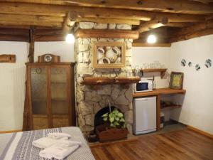 马德拉潘帕斯Patagonia Playa Suites的一间厨房,在房间内配有石制壁炉