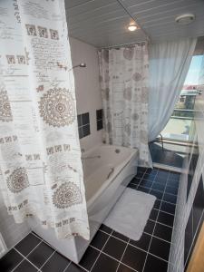 派尔努瑟万科特阿伊达公寓的带浴缸和淋浴帘的浴室