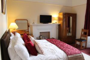 安斯特拉瑟Brackness House Luxury B&B的一间卧室配有一张带壁炉和电视的床。