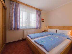 弗拉绍Haus Maier的一间卧室配有一张带蓝色床单的大床和窗户。