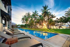 米申海滩任务海滩漂流温泉度假酒店的一个带躺椅和棕榈树的度假游泳池