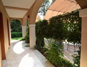 Pušćina玛米卡旅馆的一座室内花园,花园内有一座大型常春藤遮盖的建筑