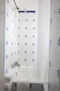 埃斯普霍斯阿莱曼尼亚旅馆的浴室配有淋浴帘和盥洗盆。