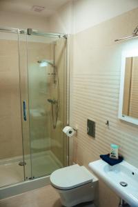 苏瓦乌基Fresco Hostel的带淋浴、卫生间和盥洗盆的浴室