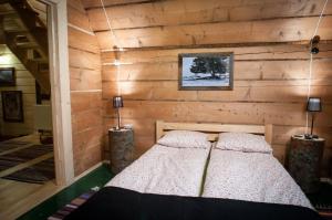 扎科帕内勒根达塔特酒店的一间卧室,在木墙内配有一张床
