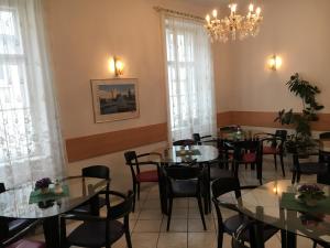 维也纳阿尼酒店的一间带桌椅和吊灯的用餐室