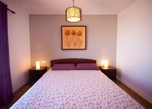 特吉塞Casa Claudia的一间卧室配有一张带紫色枕头的床和两盏灯。