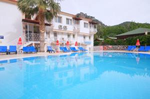 厄吕代尼兹卡贝尔海滩酒店的一座带蓝色椅子的大型游泳池和一座建筑