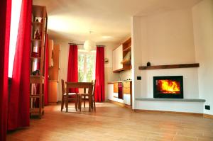 Cantalupo LigureTana Degli Orsi的客厅设有壁炉和红色窗帘