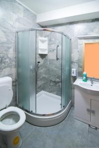 克拉列维察Hostel Bordada的带淋浴、卫生间和盥洗盆的浴室