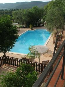 维耶斯泰Agriturismo Fara del Falco的一个带庭院和遮阳伞的大型蓝色游泳池