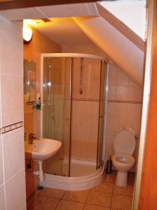 ŽarnovicaVilla Silver Green的带淋浴、卫生间和盥洗盆的浴室