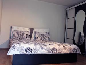 普里什蒂纳塔夫的小房子公寓的一间卧室配有一张带黑白色棉被的床