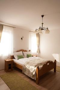 Véménd毛沙斯旅馆的一间卧室配有一张大床和一个吊灯。