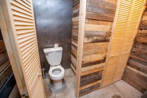 洛杉矶珀特舍儿DTLA旅舍的木制摊位内带卫生间的浴室