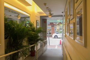 香港铜锣湾迷你酒店的建筑的走廊,旁边是植物