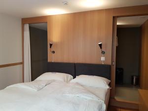 巴塞尔East West Hotel Basel的一间卧室配有一张带两个白色枕头的大床