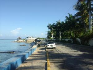 蒙特哥贝Relax in Sunny Montego Bay, Jamaica的停在水边的路上的白色汽车