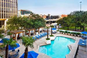 休斯顿休斯顿白厅酒店的享有带椅子和遮阳伞的游泳池的上方景致