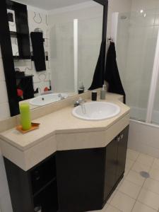 卡尼索Apartamento Raio de Sol的浴室配有盥洗盆、镜子和浴缸