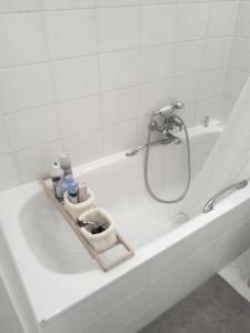 吕德斯海姆Eismauer Suite的浴室设有带淋浴的白色浴缸。