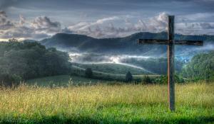 鸽子谷Blue Mountain Mist Country Inn的田野中间的木十字架
