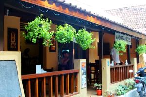 日惹安德烈住宿加早餐旅馆的前面有盆栽植物的餐厅