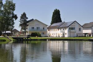 RechbergGasthof und Pension Haunschmid的河边的一组建筑物