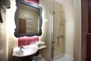 赛斯韦泰Hotel Raca的浴室配有盥洗盆和带镜子的淋浴