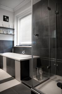 卡罗维发利玛丽亚别墅膳食公寓的一间带玻璃淋浴和水槽的浴室