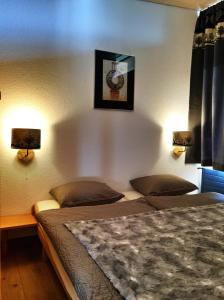 莱森莱森旅舍的两张床位于带两盏挂在墙上的灯的房间