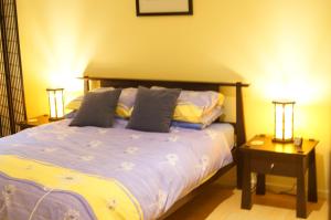 潘尼萧袋鼠岛林赛旅馆的一间卧室配有一张带2个床头柜和2盏灯的床。