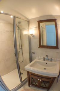 圣让-德吕兹Villa Yoda的带淋浴、盥洗盆和镜子的浴室