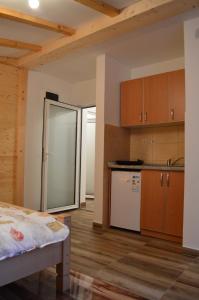 扎布利亚克Apartments Grbović的厨房配有冰箱和木制橱柜。