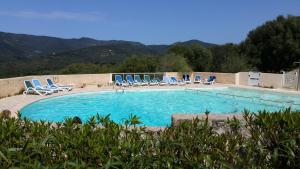 塞拉迪费罗Maison Alba Rossa 56的一个带蓝色椅子的大型游泳池
