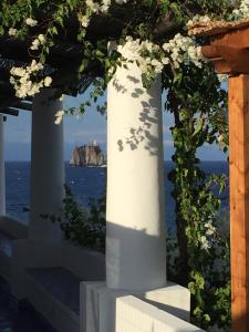 斯特龙博利Casa Augusta的从白色花朵的拱门欣赏海景