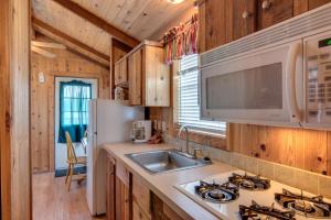 WillisLake Conroe One-Bedroom Cabin 3的厨房配有水槽和冰箱