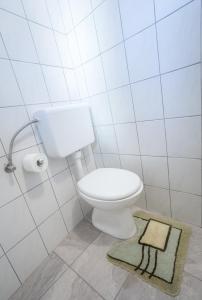 勒什1A Adventure Hostel的白色的浴室设有卫生间和地毯。