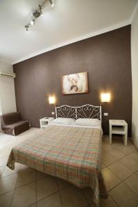 罗马丘丘酒店的一间卧室配有一张大床和一张带格子毯子的卧室
