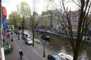 阿姆斯特丹Red light district B & B canal view的一条有河流、汽车和建筑的城市街道