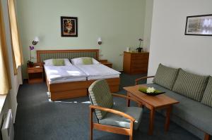 布拉格布拉格城堡酒店的一间卧室配有一张床、一张沙发和一张桌子