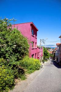 雷贝里岛里索拉旅馆的街道边的粉红色建筑