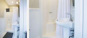 五月岬郡The Harrison Inn的白色的浴室设有水槽和淋浴。