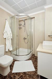 伯萨Bursa Suites Apart Otel的带淋浴、卫生间和盥洗盆的浴室