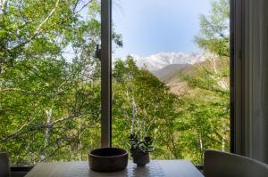 小谷村Cortina Apartment的桌子上两棵植物的窗户,眺望着山脉