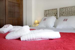 科尔多瓦圣费尔南多76号公寓的一张红色毯子上带两条白色毛巾的床