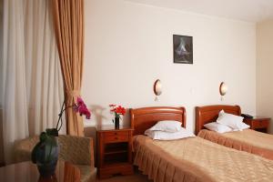 雅西摩尔多瓦酒店 的酒店客房设有两张床和一张桌子。