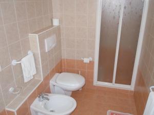 塔皮安诺Albergo Elvira的浴室配有卫生间、盥洗盆和淋浴。