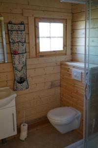Nesjum贝基费尔旅馆的小木屋浴室设有卫生间和窗户。